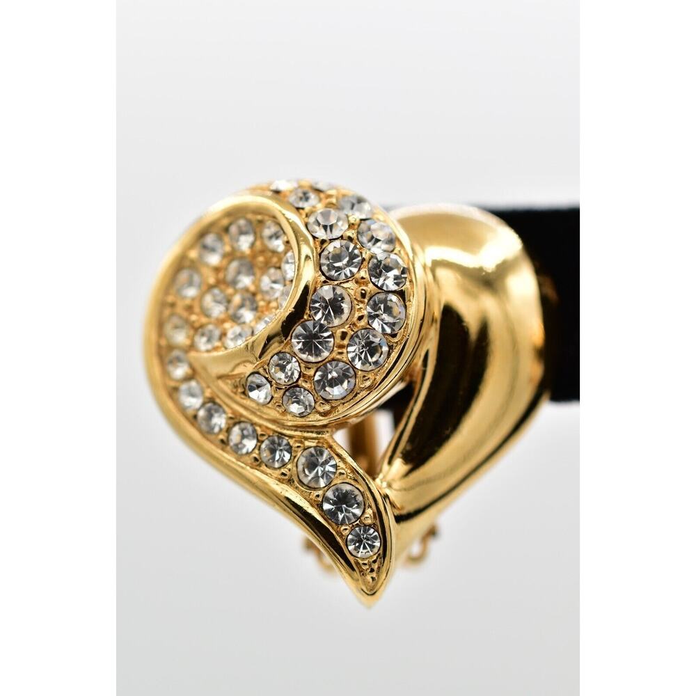 Givenchy Vintage Crystal Heart Clip On Earrings Gold Chunky Signed 1980s BinAZ - Picture 6 of 12